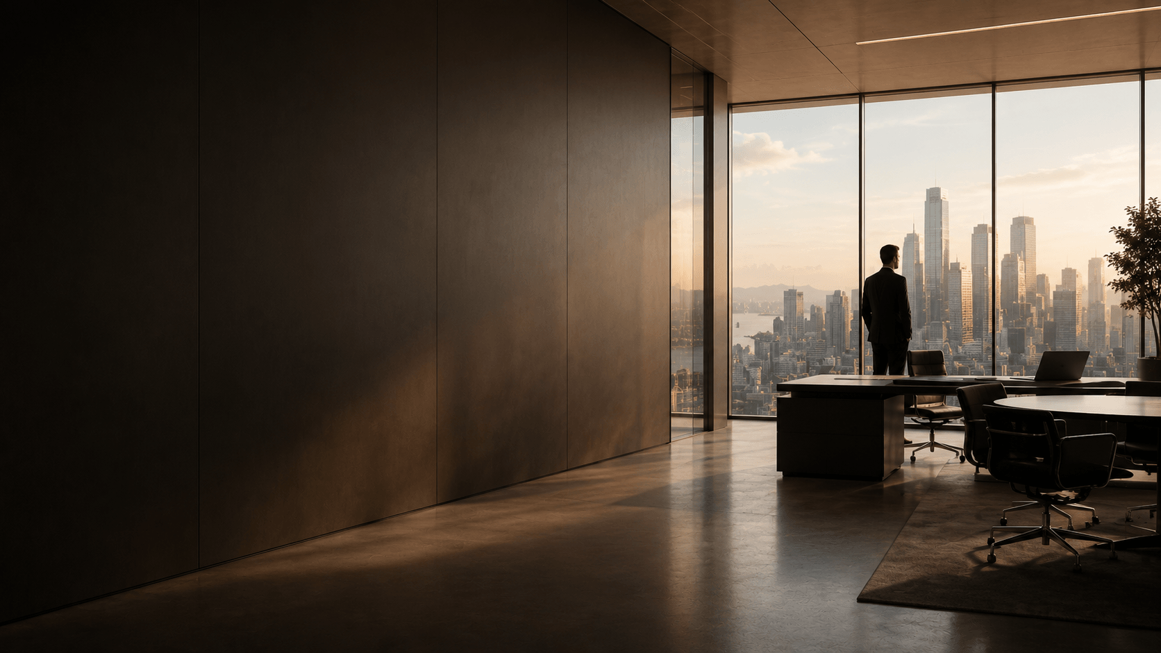 A colleague at the window of a top-floor meeting room, a city skyline beyond in late light.