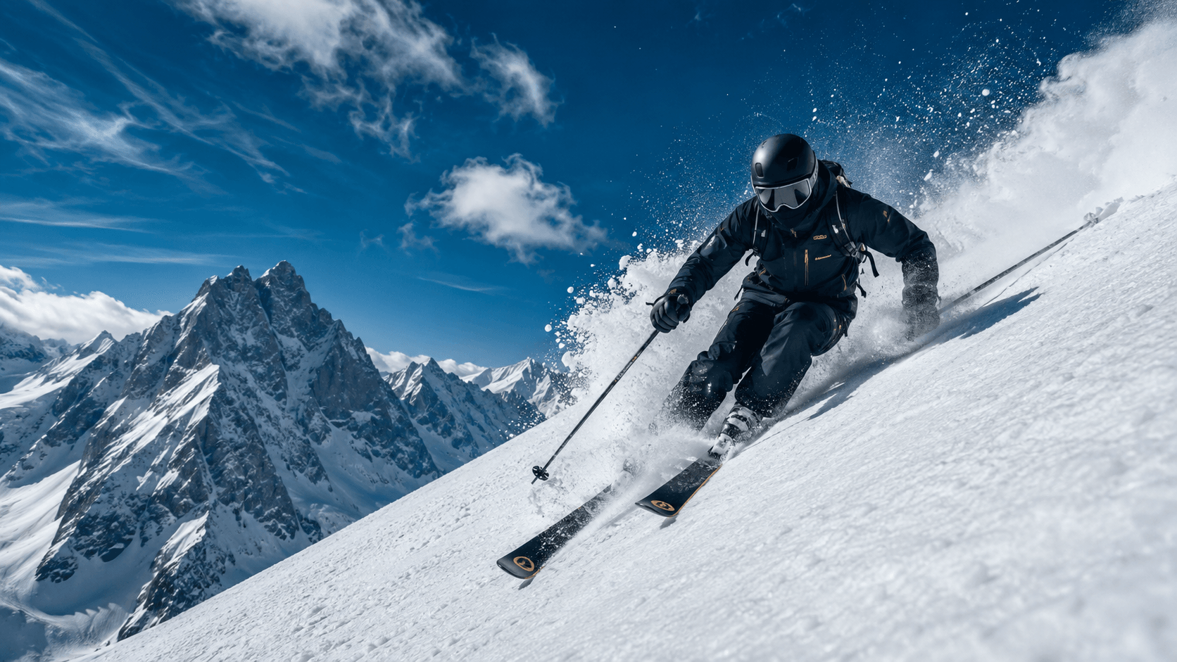 A skier carving down an alpine slope in bright sun, peaks behind.