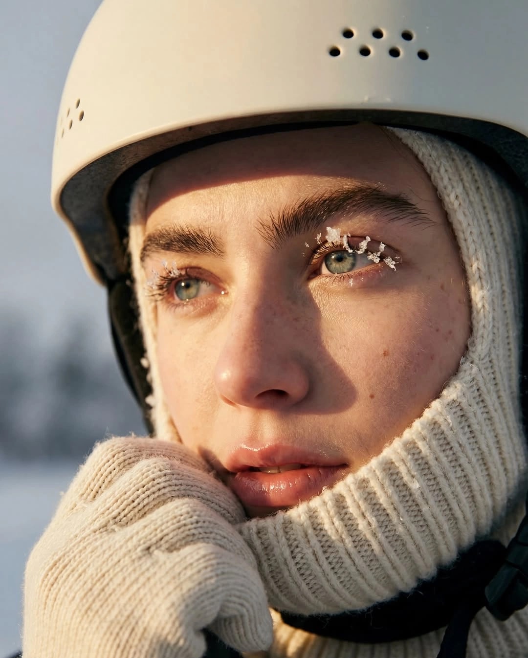 A young skier at first light, frost still on their lashes, collar pulled up against the cold.